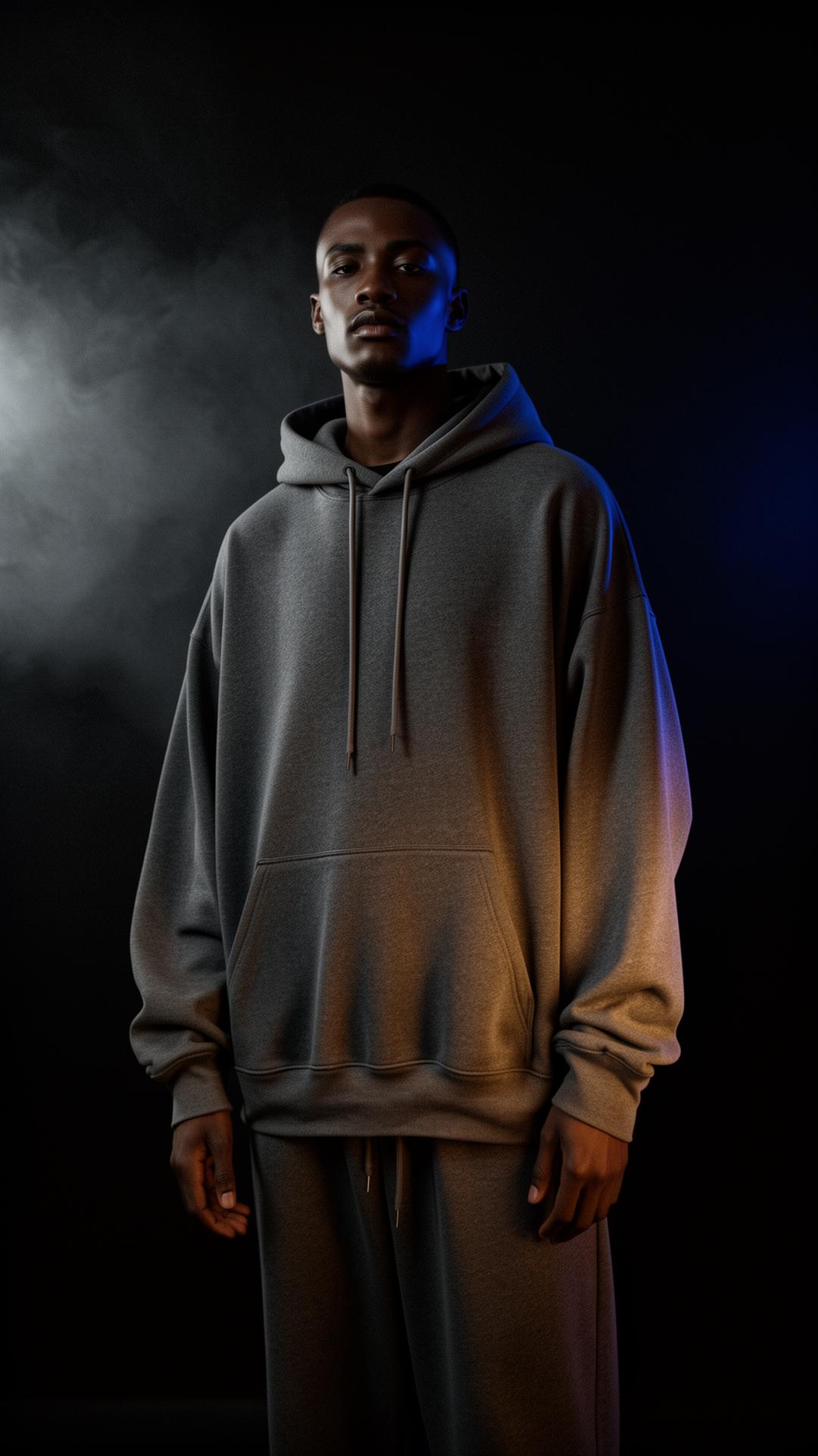 Editorial dark portrait of a model wearing an oversized organic cotton hoodie and sweatpants under cinematic low-key lighting